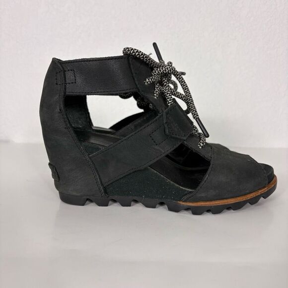 Sorel Black Leather Cutout Side Wedge Lace Up Sandals Size 8 - Picture 5 of 9